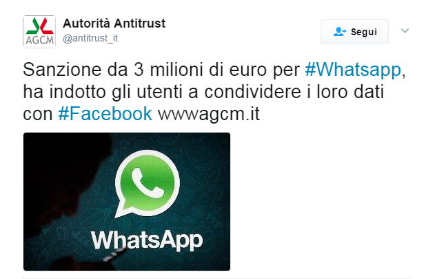WhatsApp, sanzione, agcm, antitrust, multa WhatsApp,